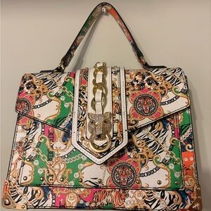 White Multicolor Printed Top-Handle Satchel with Gold Accent